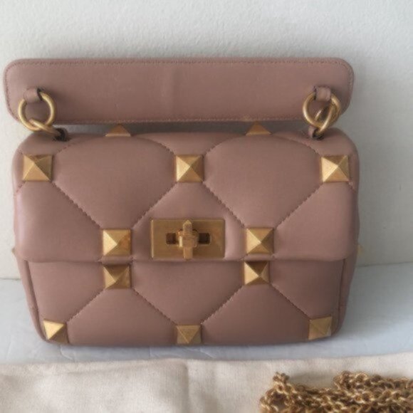 Valentino Garavani Roman Stud Small Lambskin Shoulder Leather Bag Rose Cannelle - Picture 13 of 16